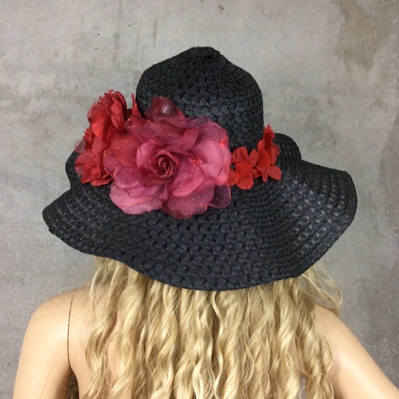 🌺 FLOPPY HAT FLOWER BLING FLORAL SUN BLOCKER BEACH ROSE SUMMER BLACK POOL BOHO - Picture 3 of 8